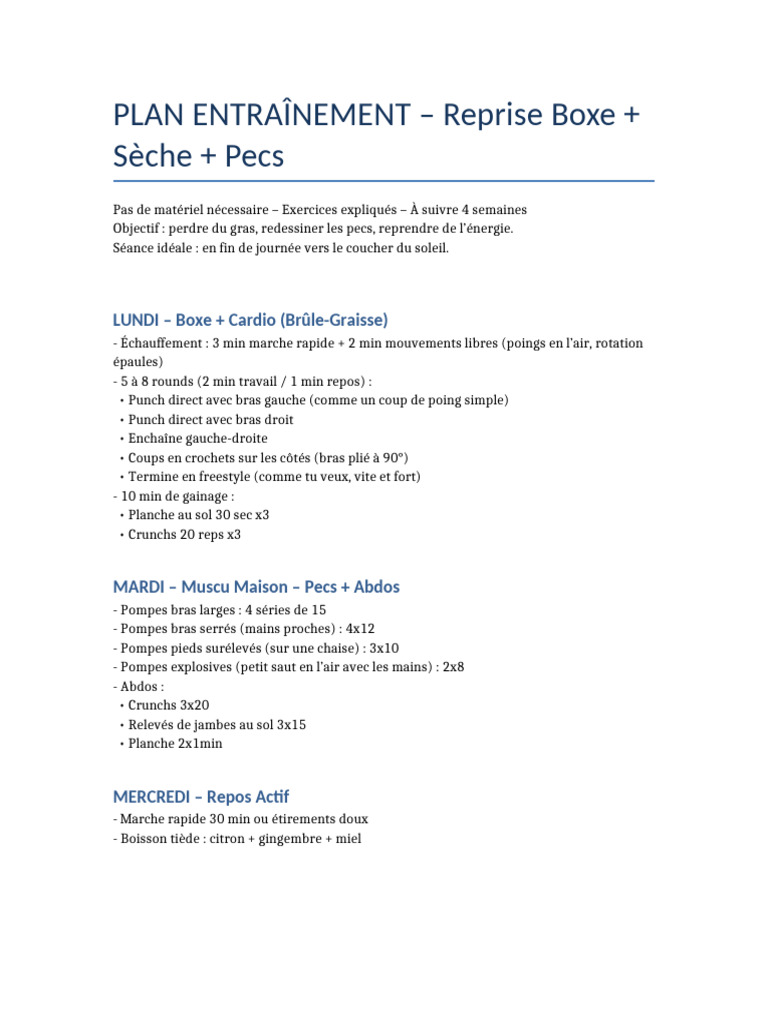 Plan d'entraînement boxe et musculation | PDF