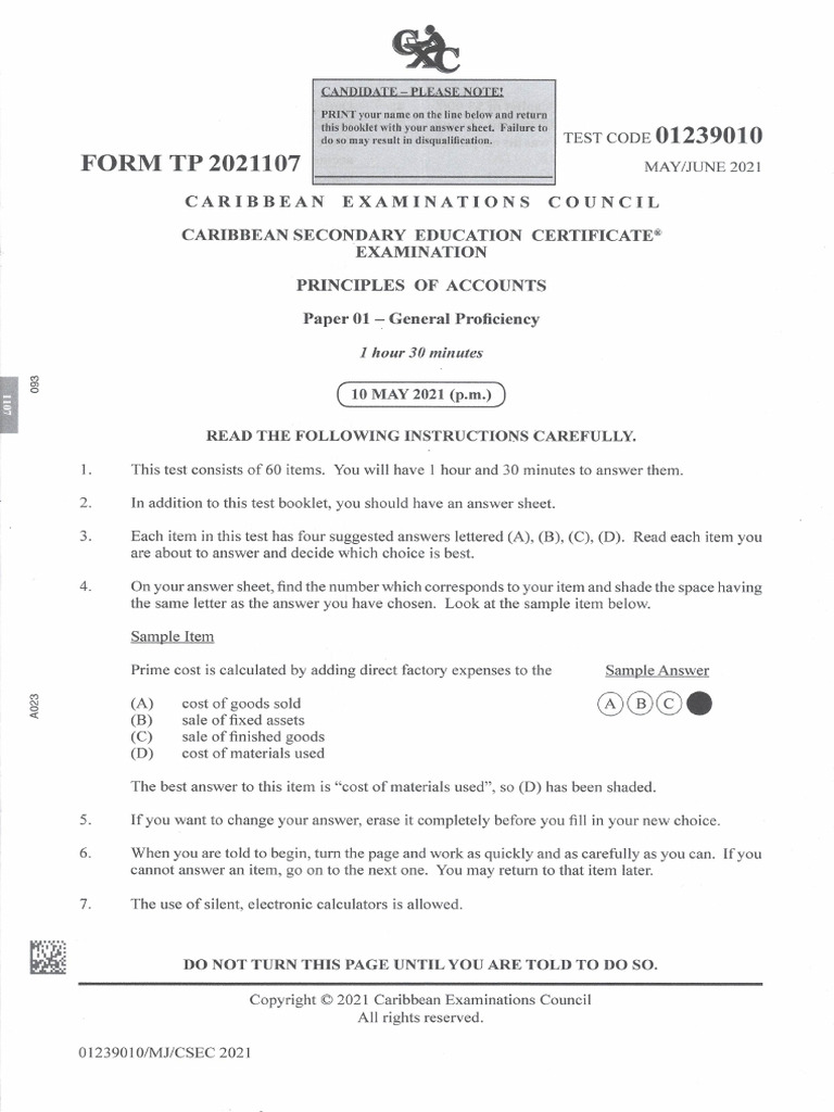CSEC Principles of Accounts P1 2021 MJ | PDF