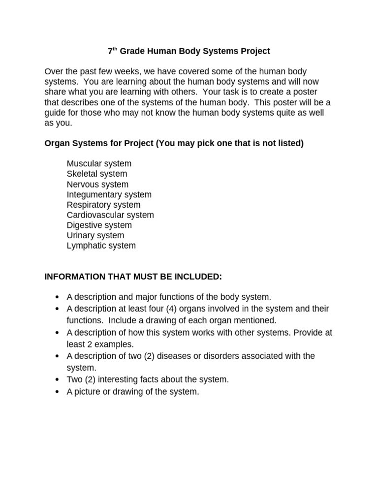 7th Grade Human Body Systems Project | PDF