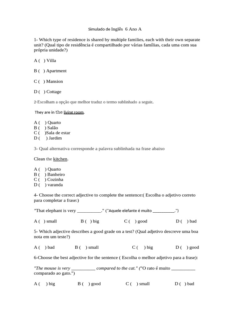 Adjetivos em Inglês: Simulado 6º Ano | PDF