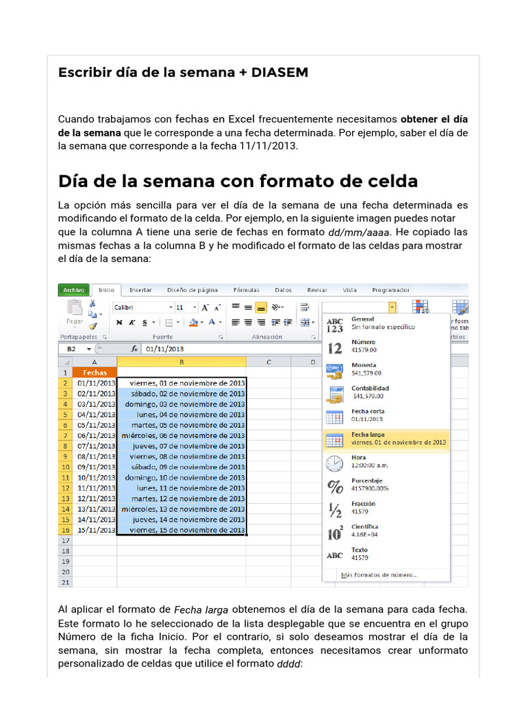Obtener día de la semana en Excel | PDF | Microsoft Excel | Informática
