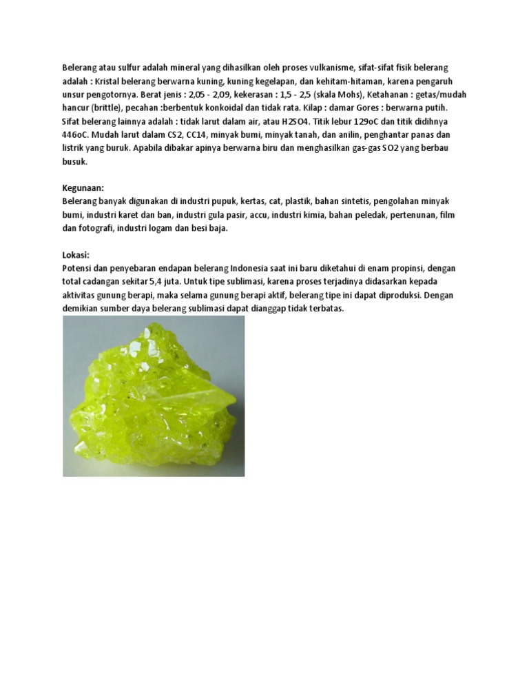 Belerang Atau Sulfur Adalah Mineral Yang Dihasilkan Oleh Proses Vulkanisme