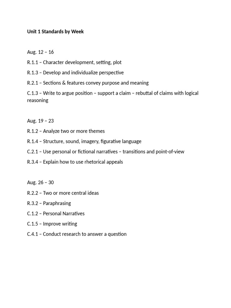 Unit+1+Standards+by+Week | PDF