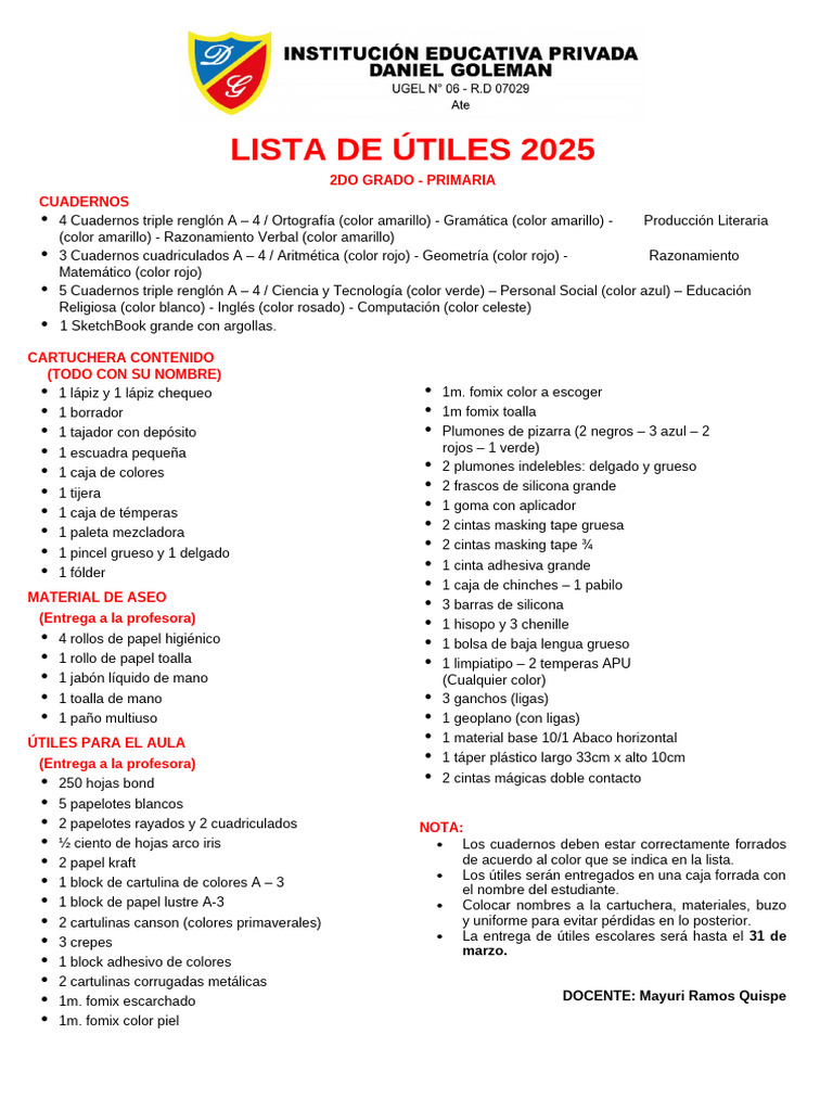 Útiles Escolares 2025: 2do Grado | PDF | Color | Visión