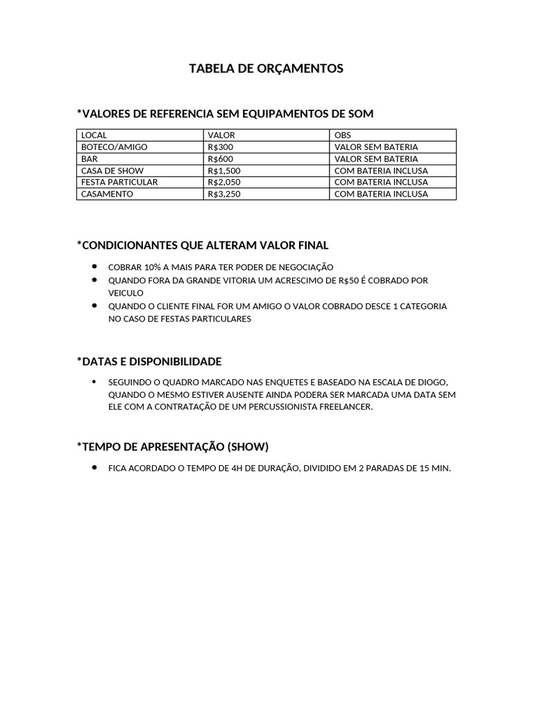 TABELA DE ORÇAMENTOS | PDF
