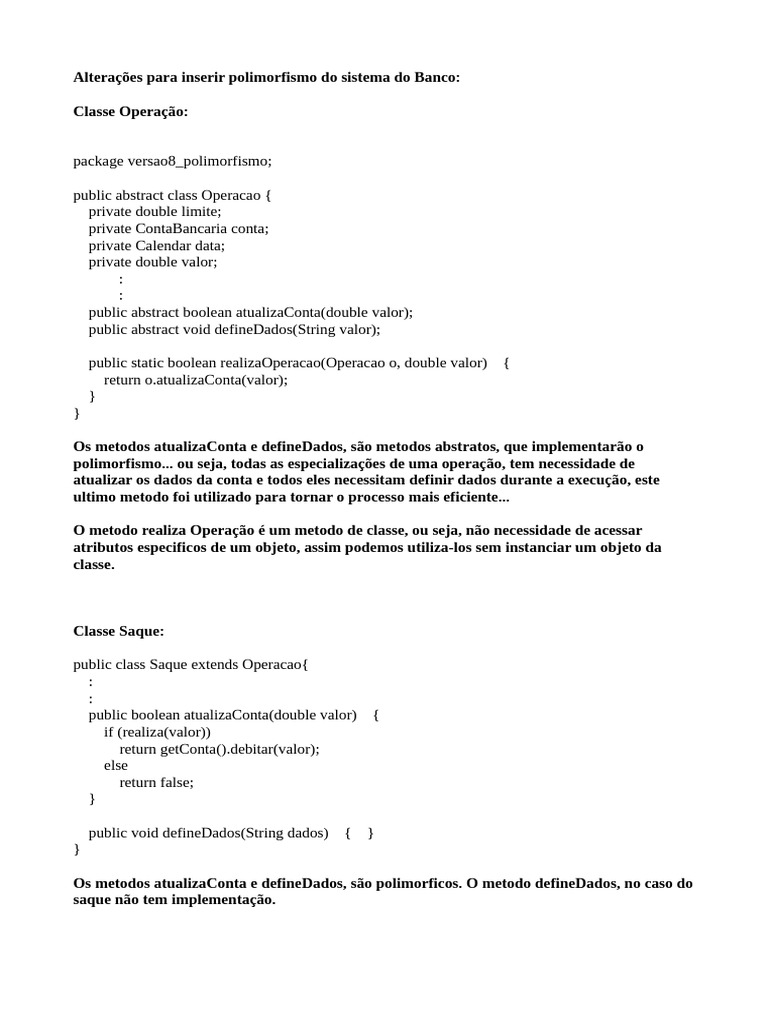 Polimorfismo em Sistema Bancário Java | PDF | Classe (programação de ...