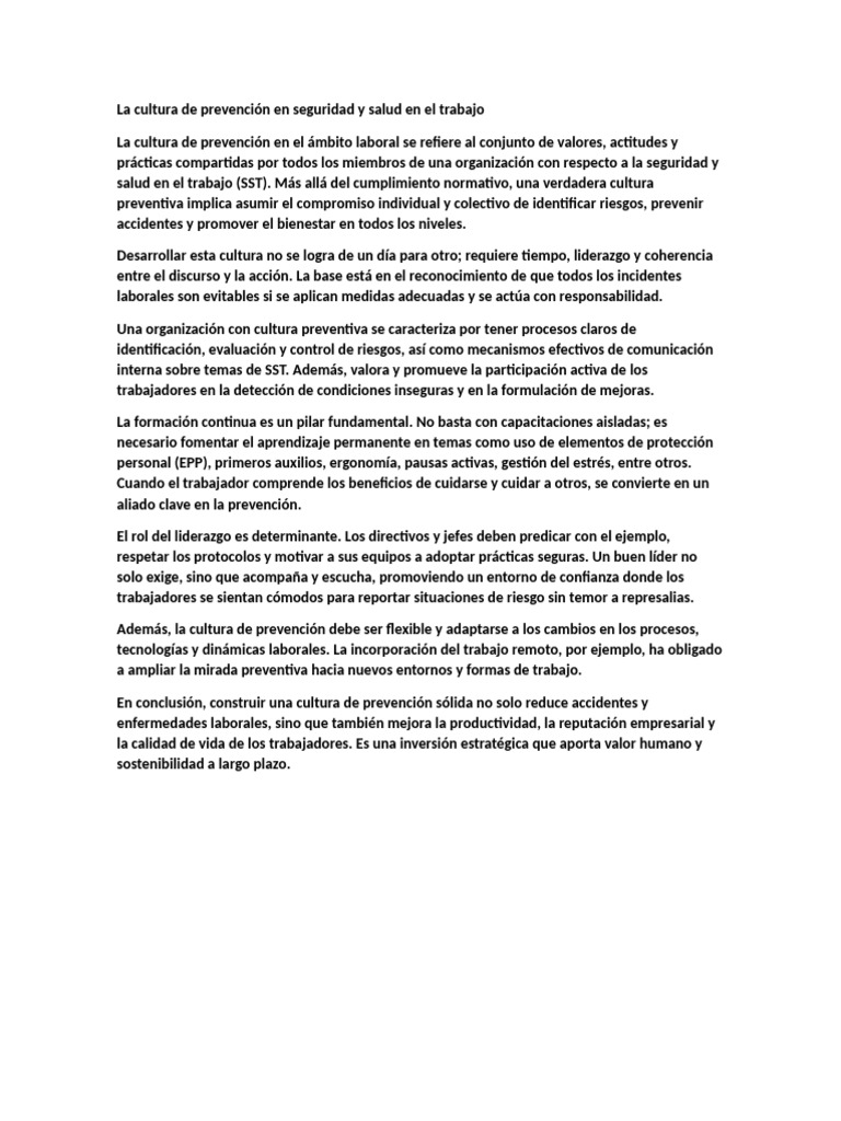 La Cultura de Prevención en Seguridad y Salud en El Trabajo | PDF