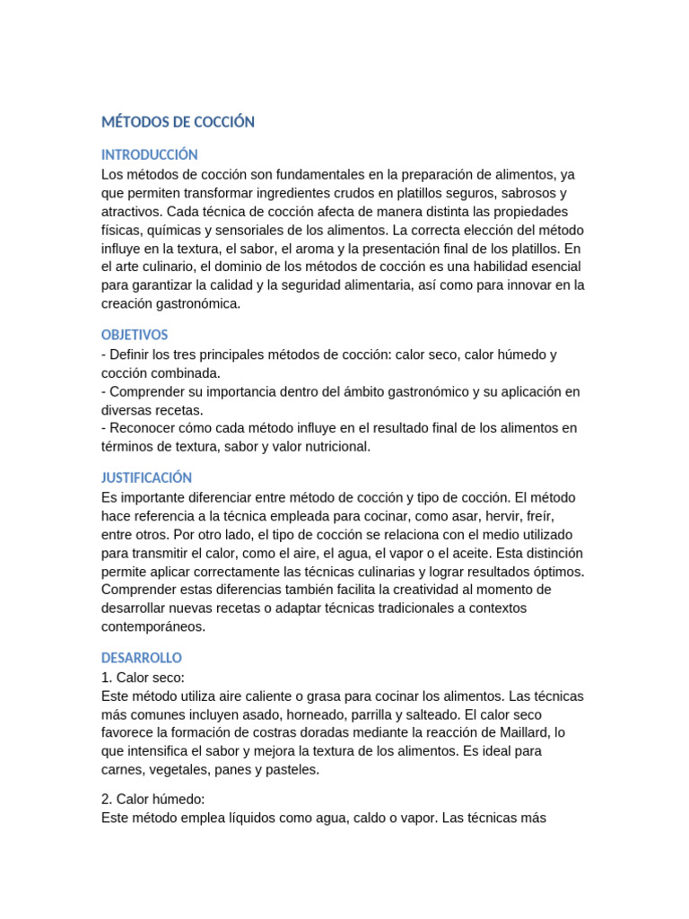 Metodos de Coccion Informe | PDF | Cocinando | Alimentos