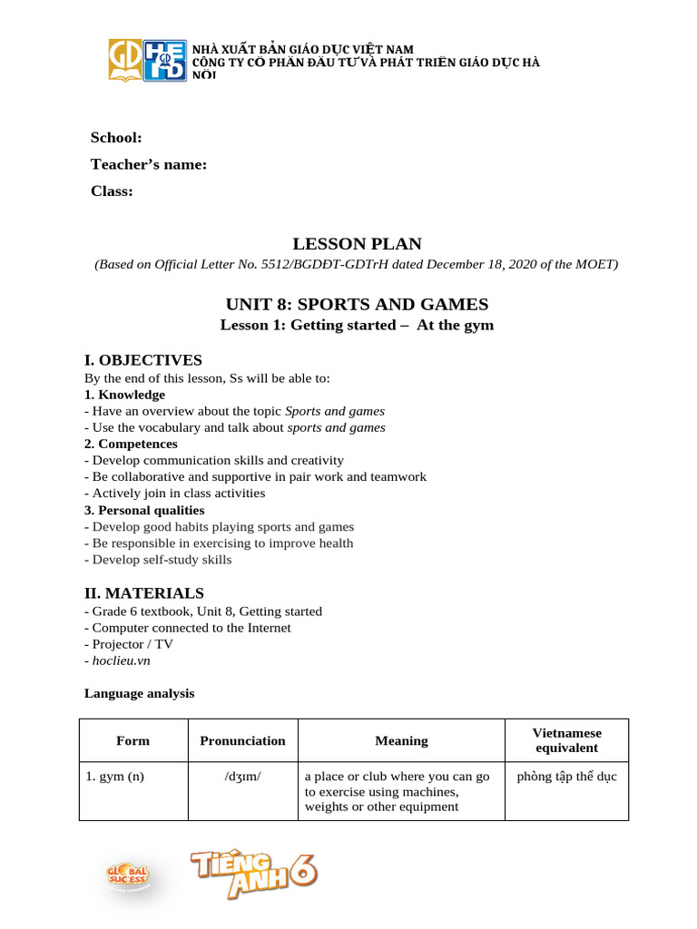 Lesson Plan: Sports and Games Unit | PDF | Question | Vocabulary