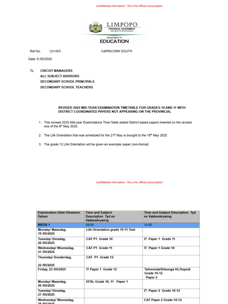 2025 Mid-Year Exam Timetable for Grades 10-11 | PDF | Science