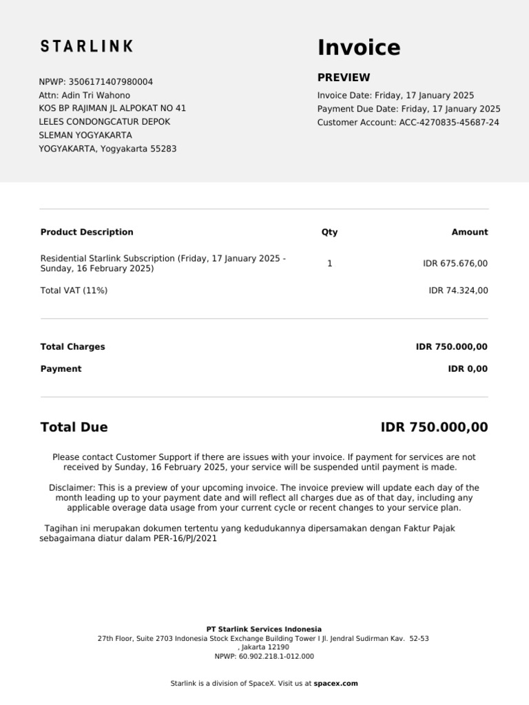 Starlink Subscription Invoice Preview | PDF | Space X