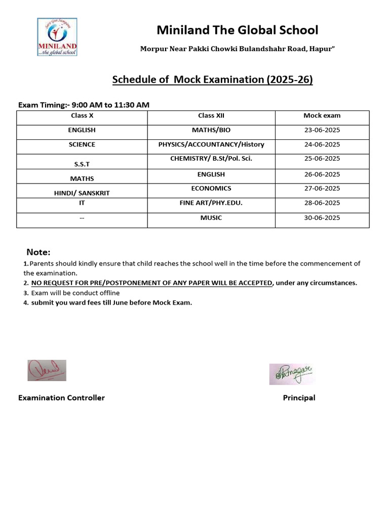 Mock Exam Schedule 2025-26 at Miniland | PDF