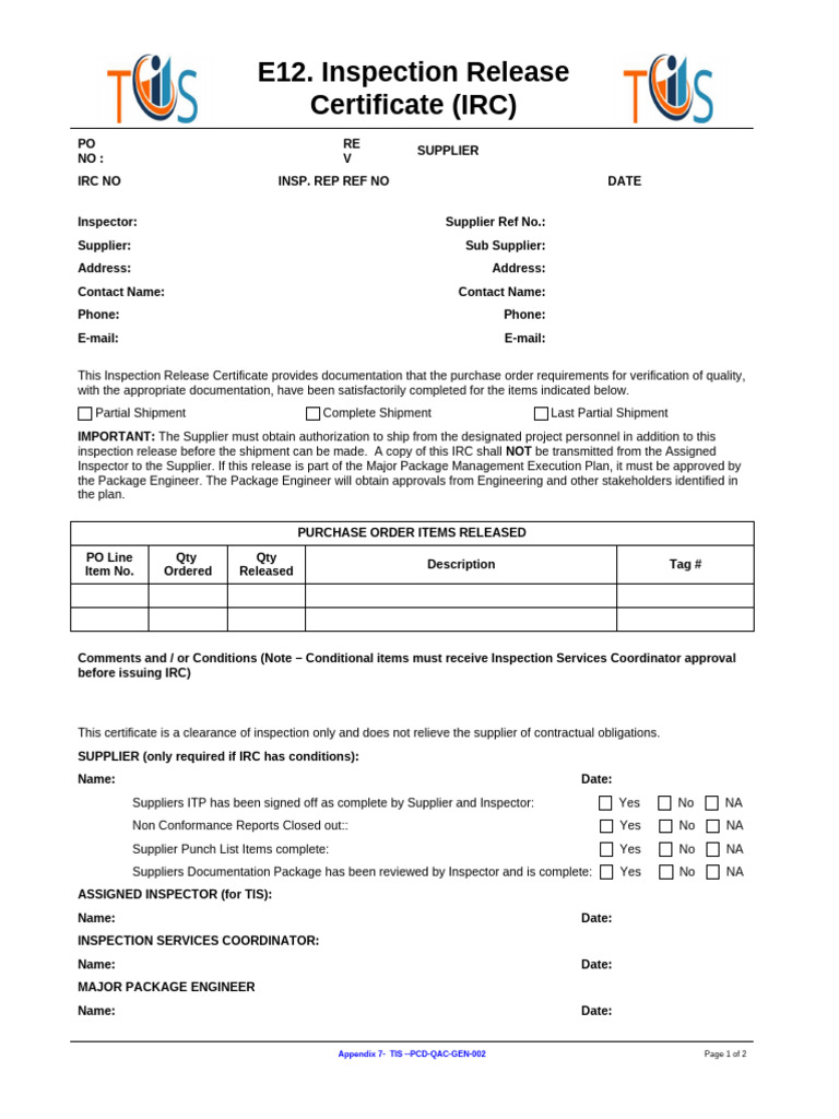 Inspection Release Certificate Overview | PDF
