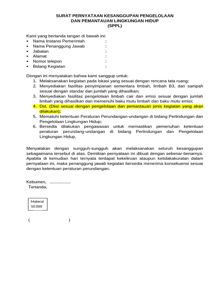 Contoh Surat Pernyataan SPPL | PDF