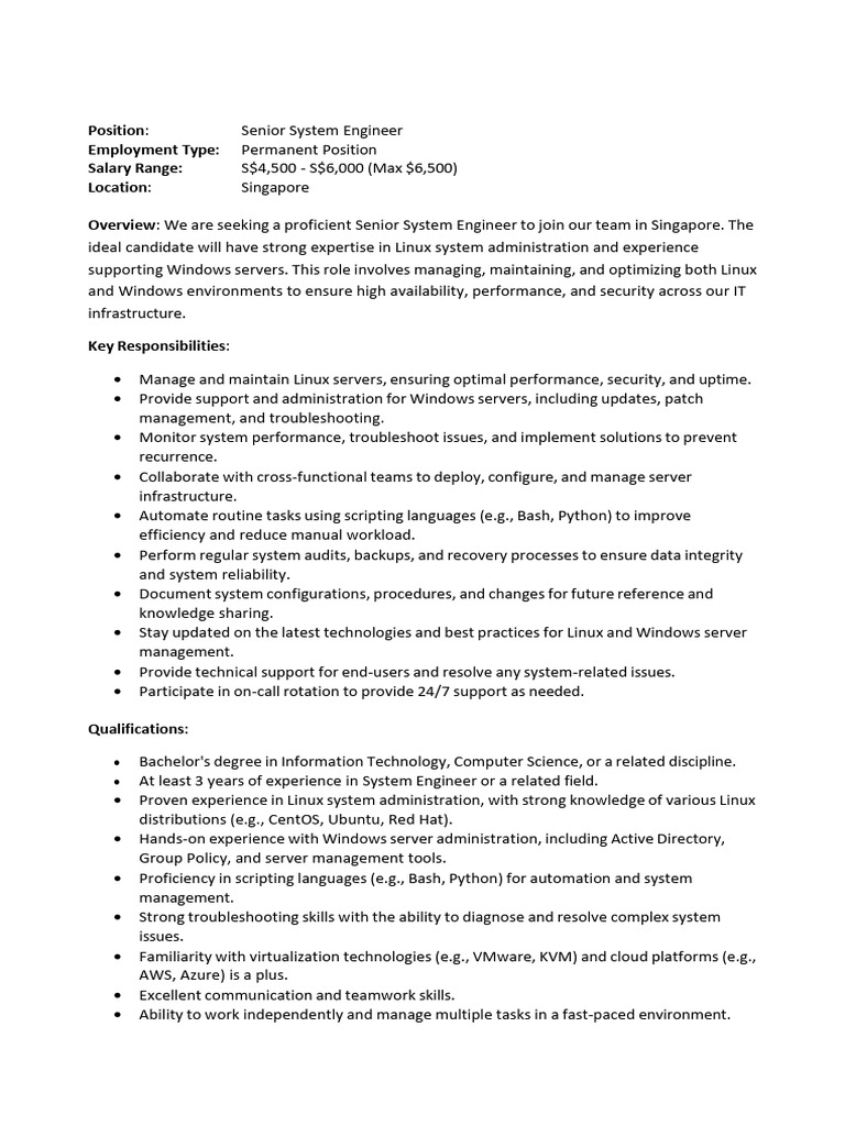 Senior System Engineer - JD | PDF | System Administrator | Linux