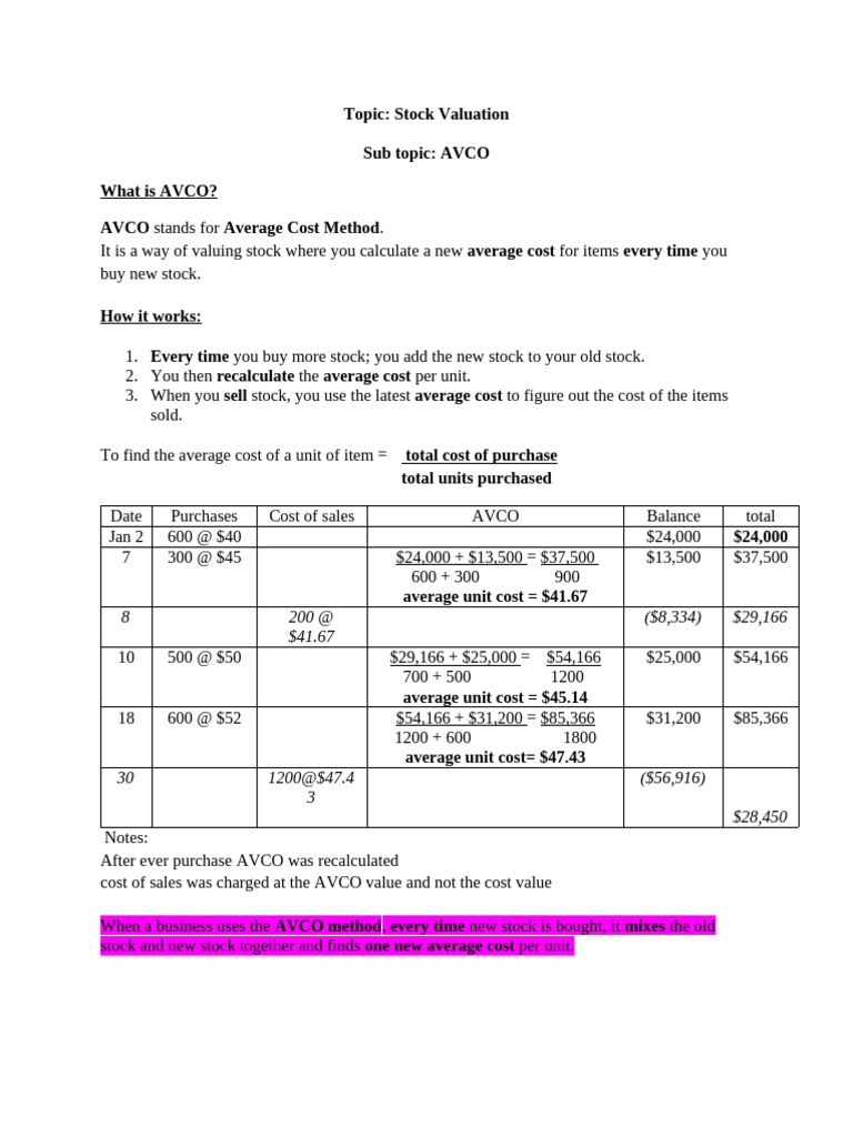 AVCO Method for Stock Valuation | PDF | Cost Of Goods Sold | Valuation ...