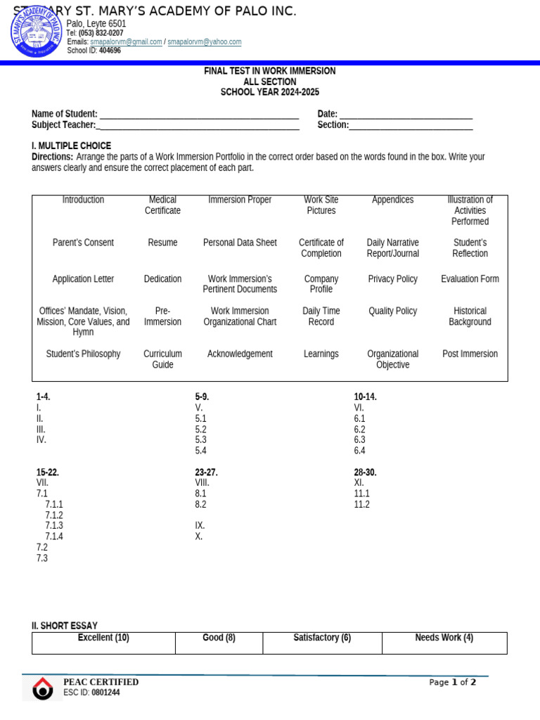 Work Immersion Final Test 2024-2025 | PDF | Learning