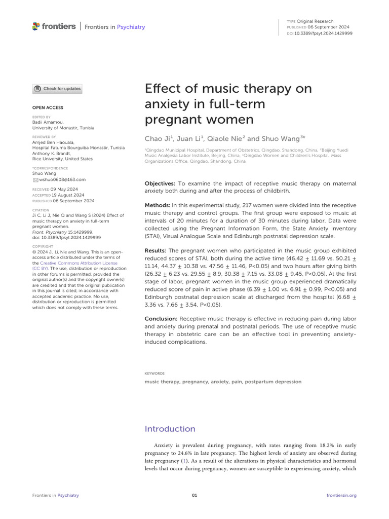 Effect of Music Therapy on Anxiety in Full-term Pregnant Women | PDF ...