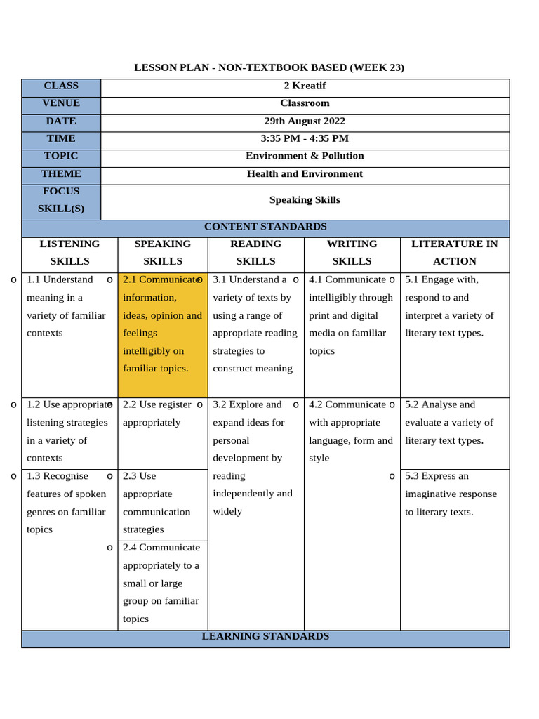 Environment & Pollution Lesson Plan | PDF | Communication | Teachers