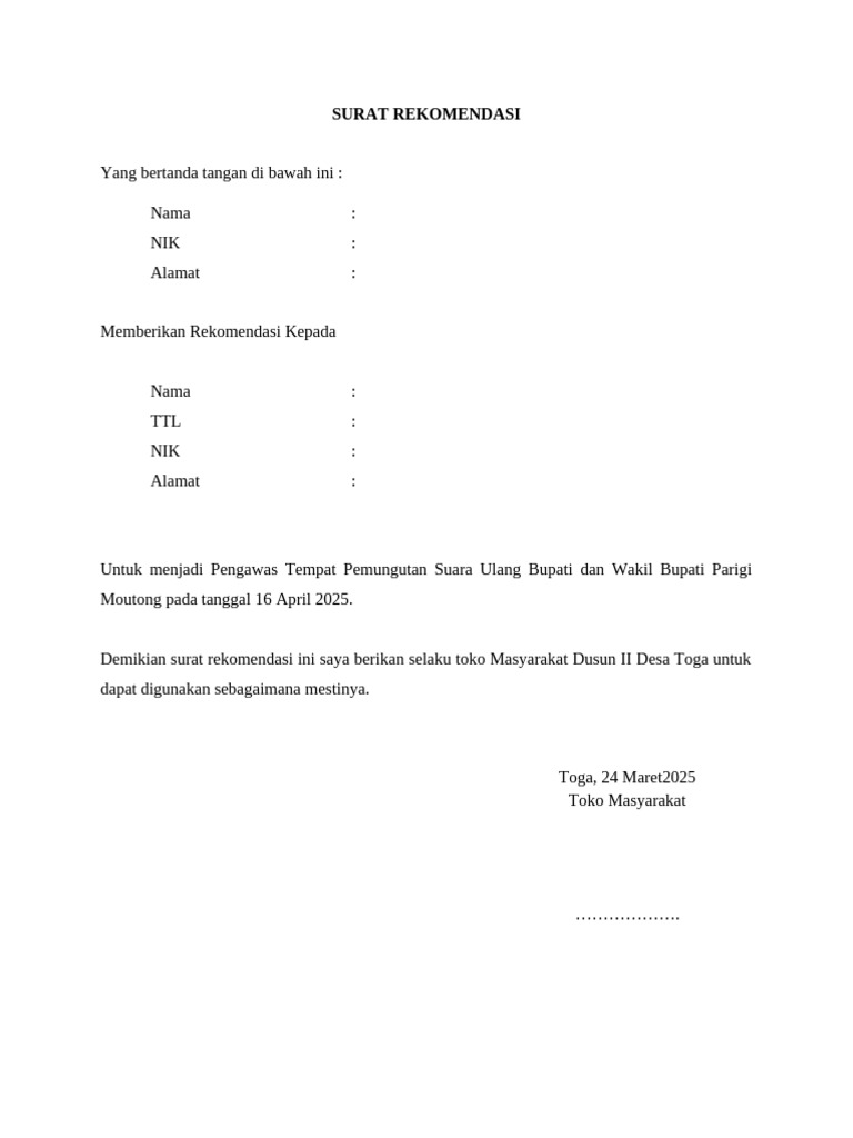 Rekomendasi Pengawas TPS Parigi Moutong | PDF