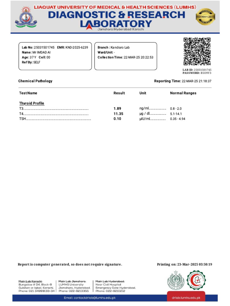 Thyroid Profile Lab Results for Mr. Imdad AI | PDF
