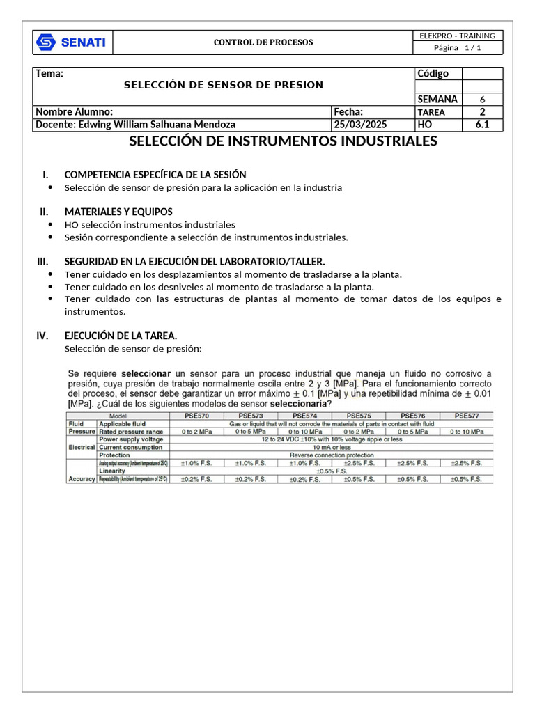 Ho 6.1 Seleccion de Sensor de Presion Cont Proces Ind | PDF