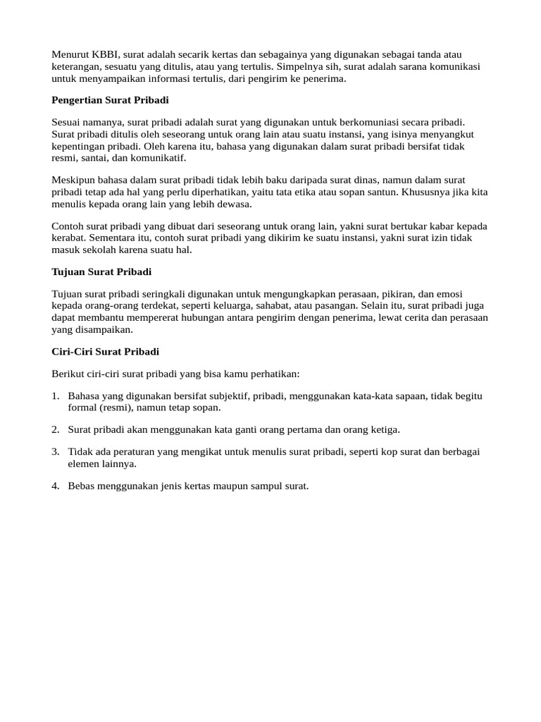 Materi Bahasa Indonesia - Surat Pribadi Dan Dinas | PDF