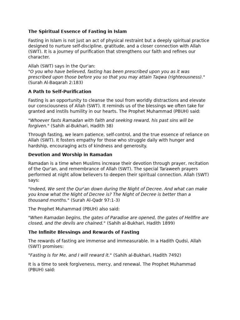Spiritual Significance of Fasting in Islam | PDF