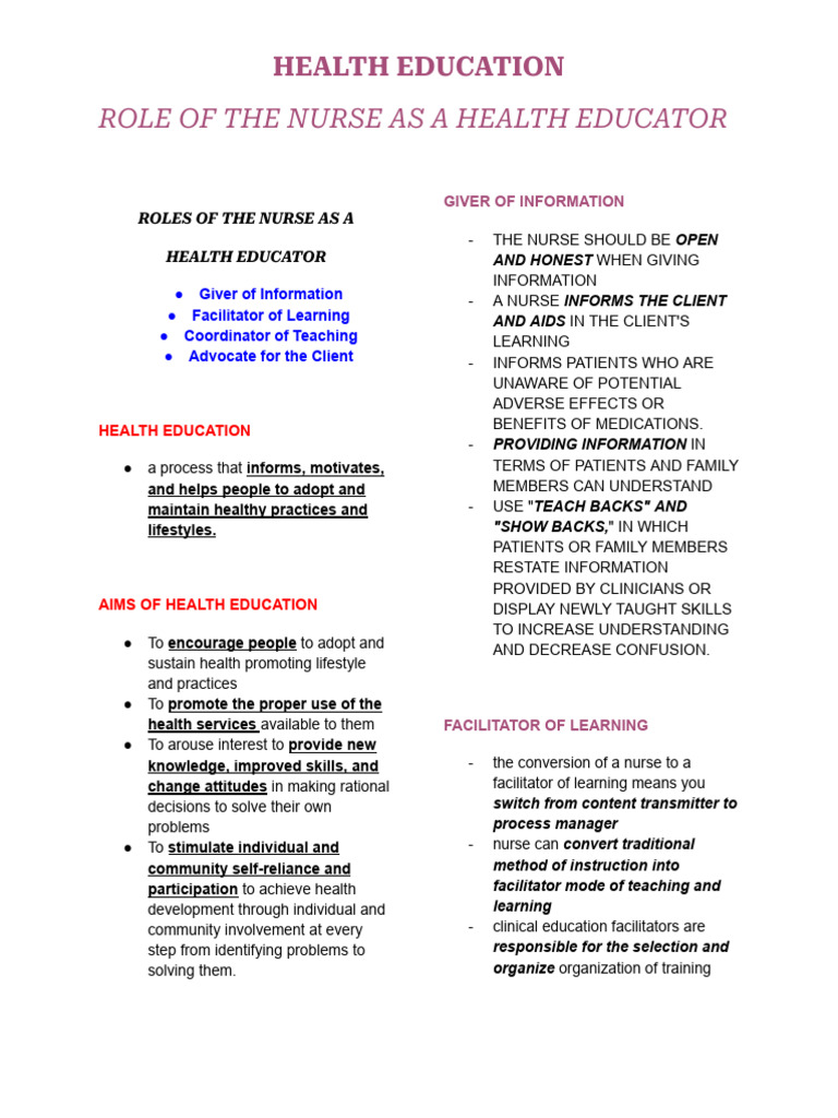Nurse's Role in Health Education | PDF | Patient | Nursing