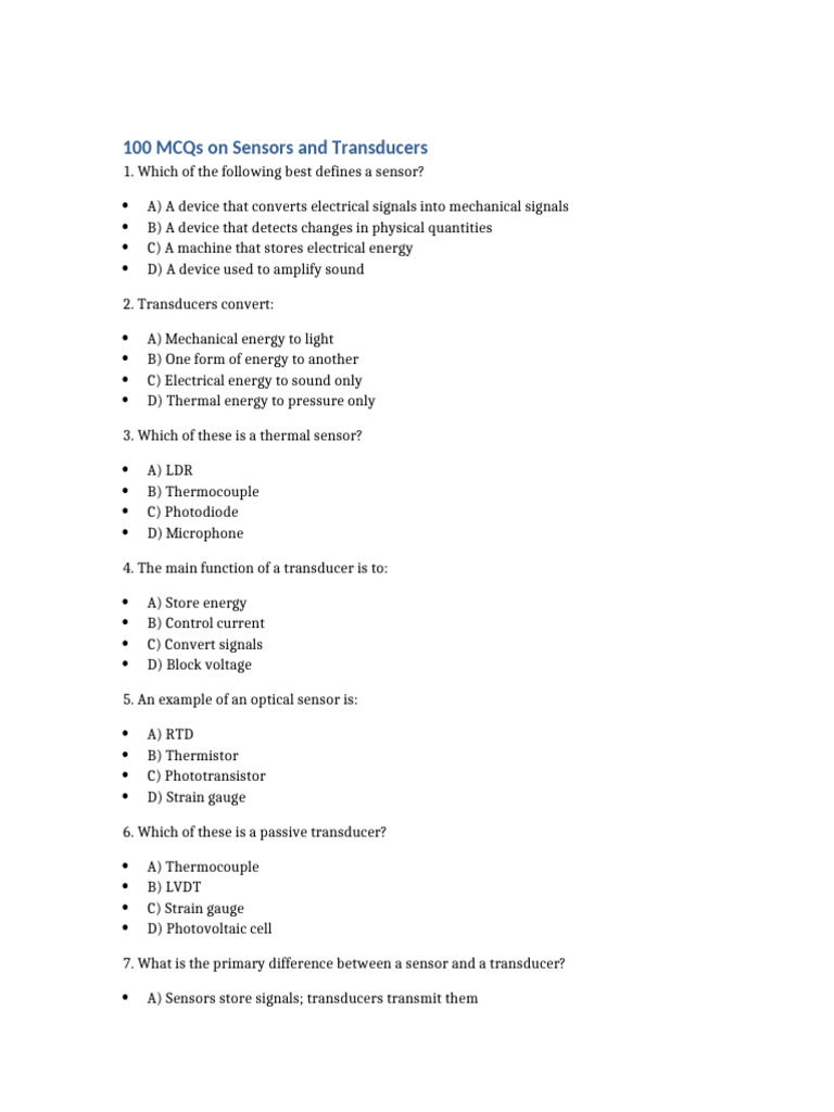 MCQs on Sensors and Transducers | PDF | Sensor | Thermocouple