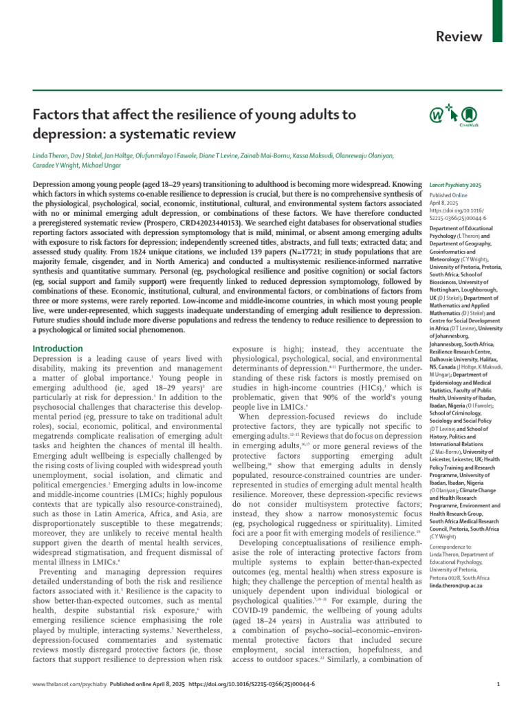 Resilience Factors Against Young Adult Depression | PDF | Psychological ...