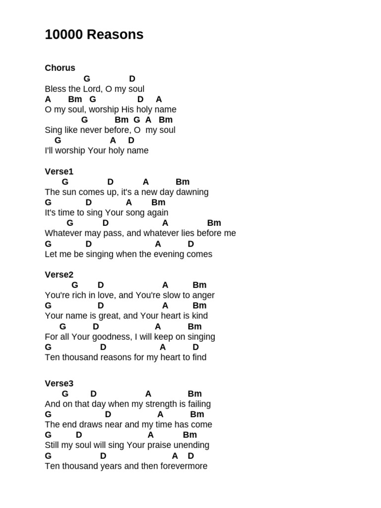Worship Song: 10,000 Reasons Lyrics | PDF