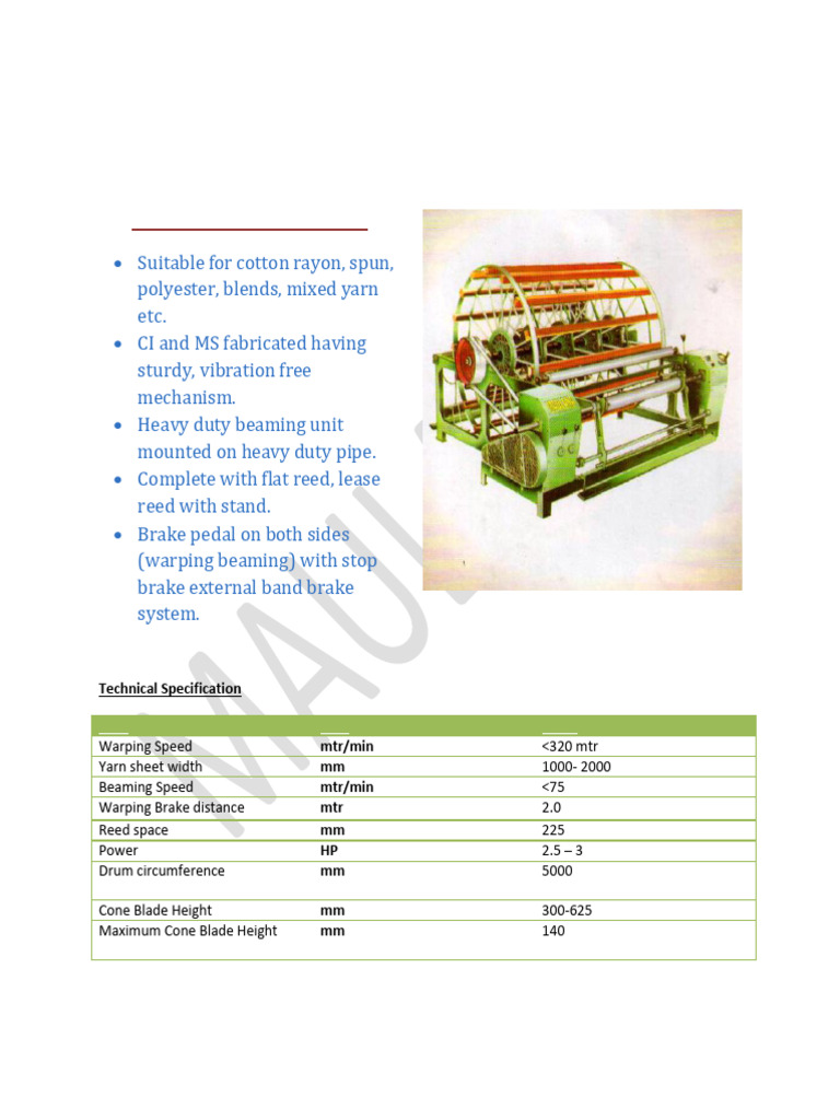Warping Machine Technical Specifications | PDF