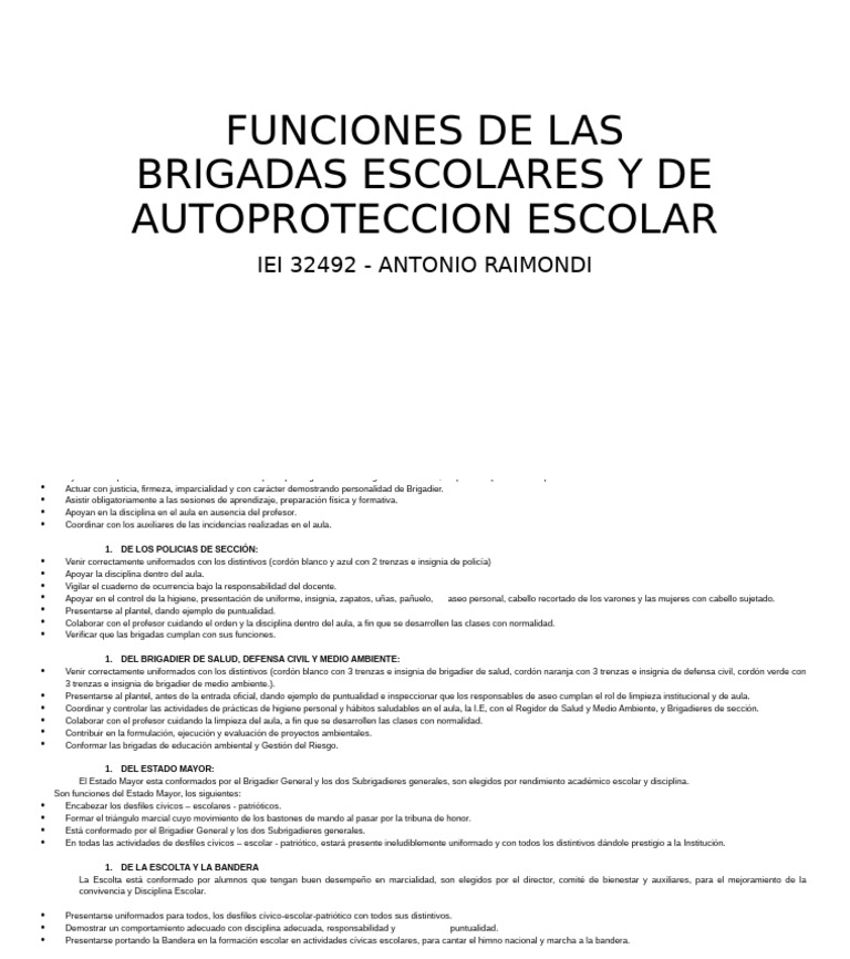Funciones de Las Brigadas Escolares y de Autoproteccion | PDF | Salón ...