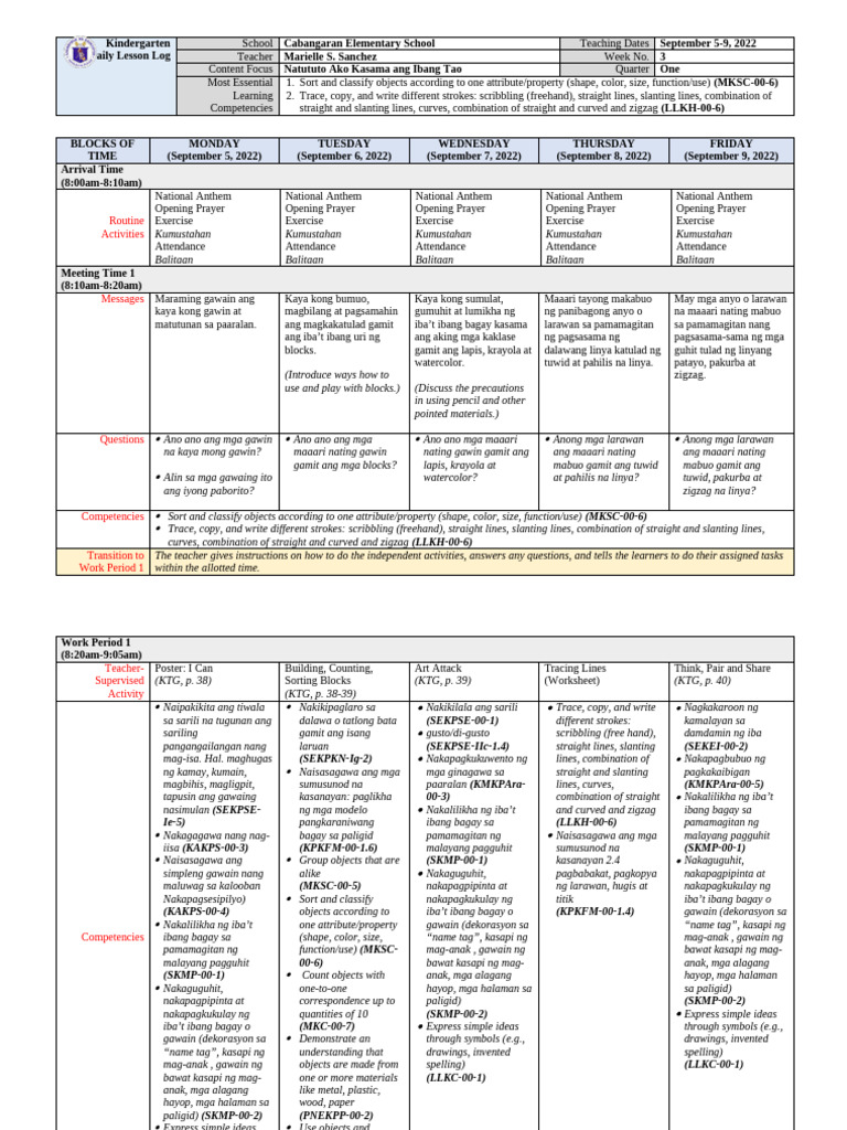 Kindergarten Daily Lesson Plan: Week 3 | PDF | Question | Length