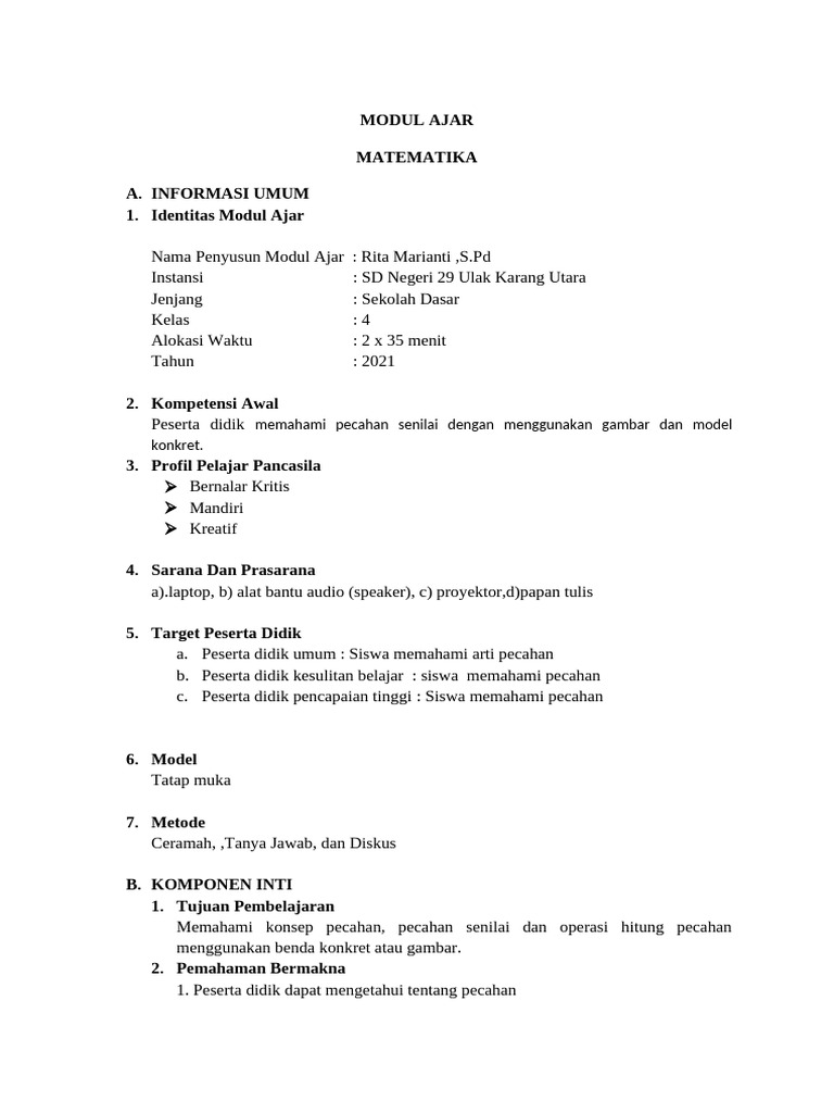 Modul Ajar Pecahan Kelas 4 SD | PDF