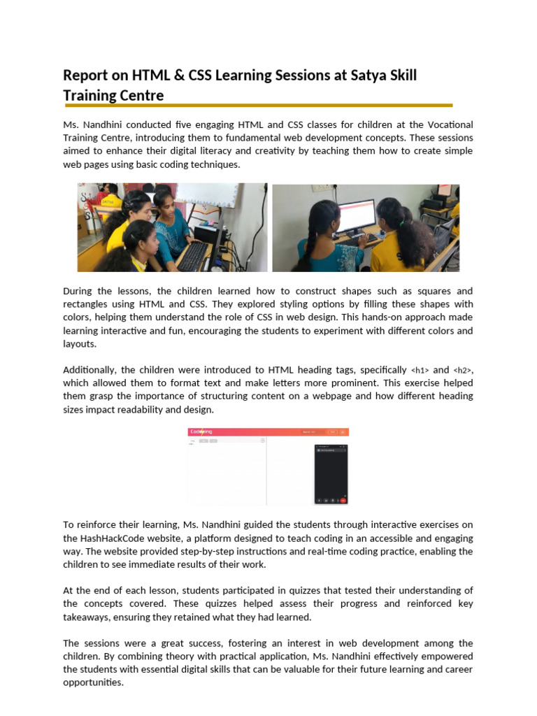 Report On HTML & CSS Learning Sessions at Satya Skill Training Centre | PDF