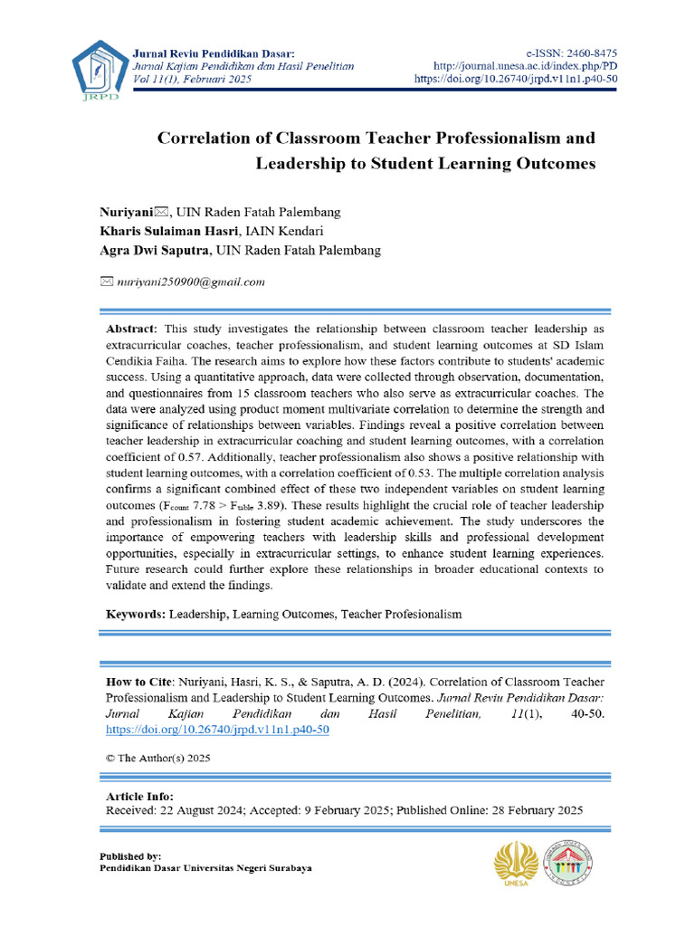 View of Correlation of Classroom Teacher Professionalism and Leadership ...