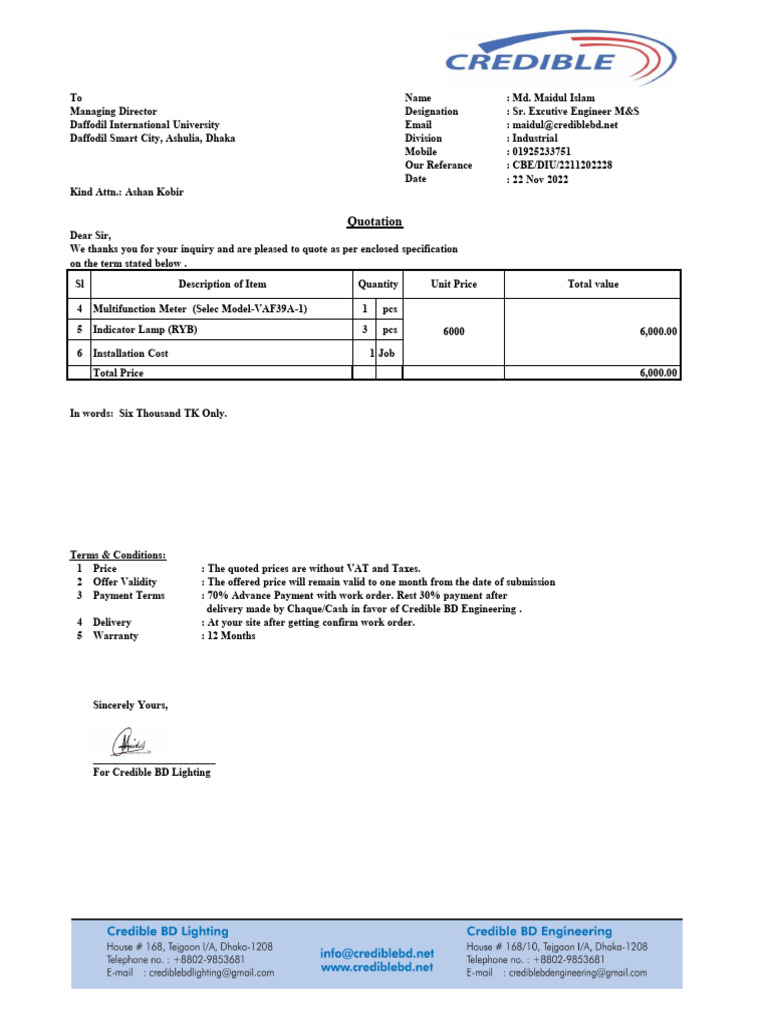 Quotation for Electrical Equipment Supply | PDF