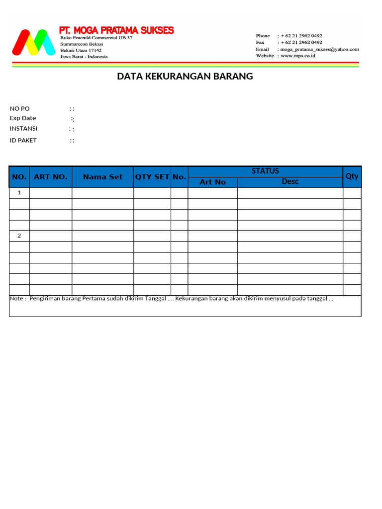 Data Kekurangan Barang dan Pengiriman | PDF