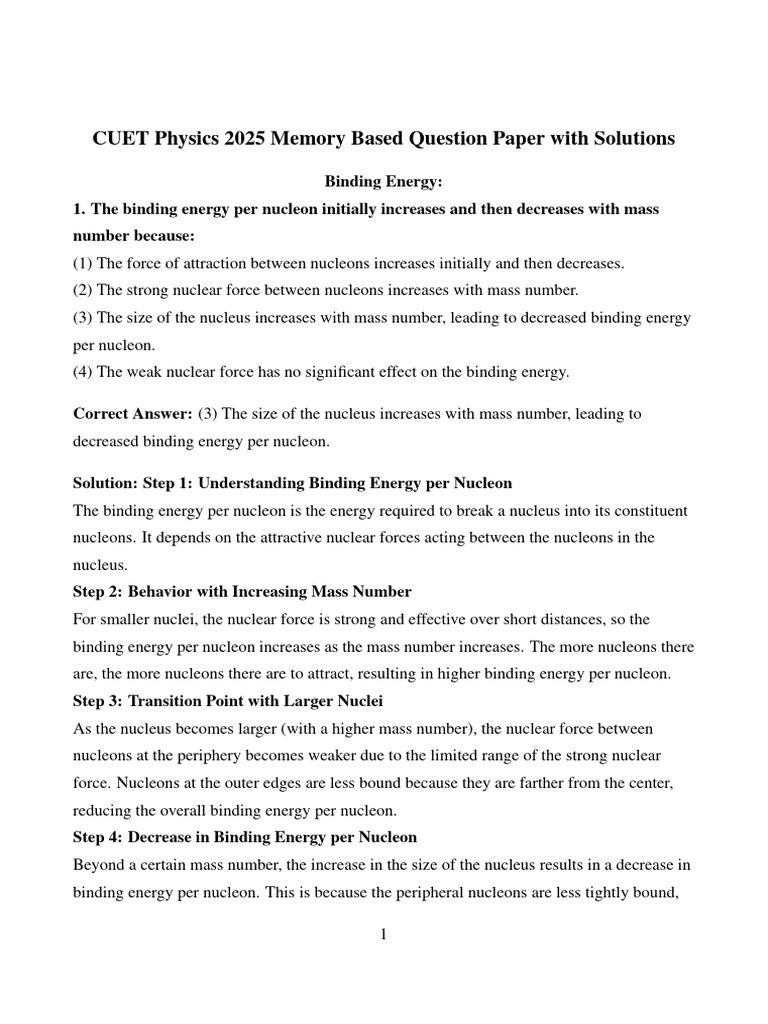 CUET Physics 2025 Sol | PDF | Atomic Nucleus | Nuclear Fusion