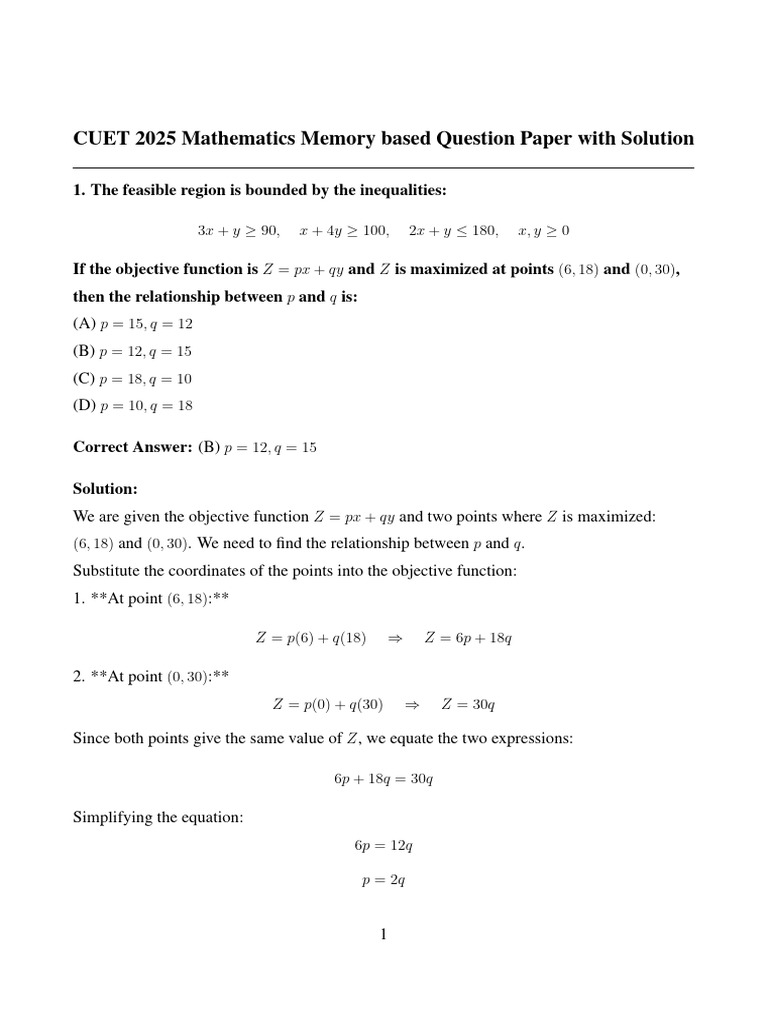 CUET 2025 Math Question Paper Solutions | PDF | Matrix (Mathematics ...