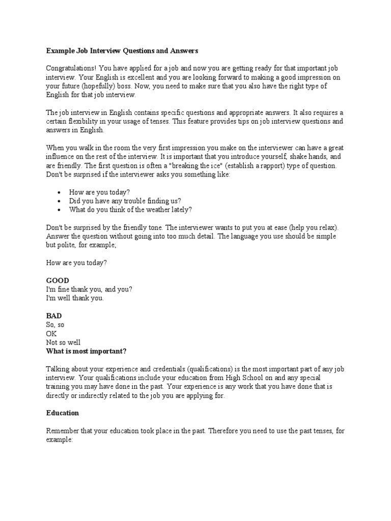 Example Job Interview Questions and Answers | PDF | Job Interview |  Employment