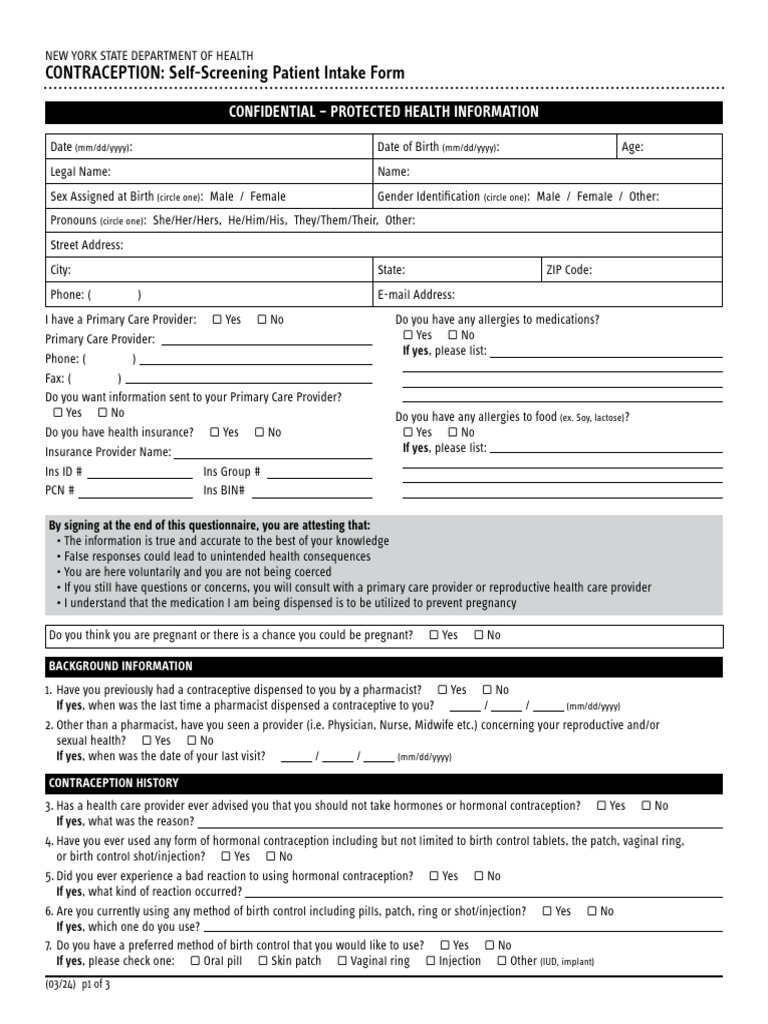 New York Contraception Intake Form | PDF | Birth Control | Headache