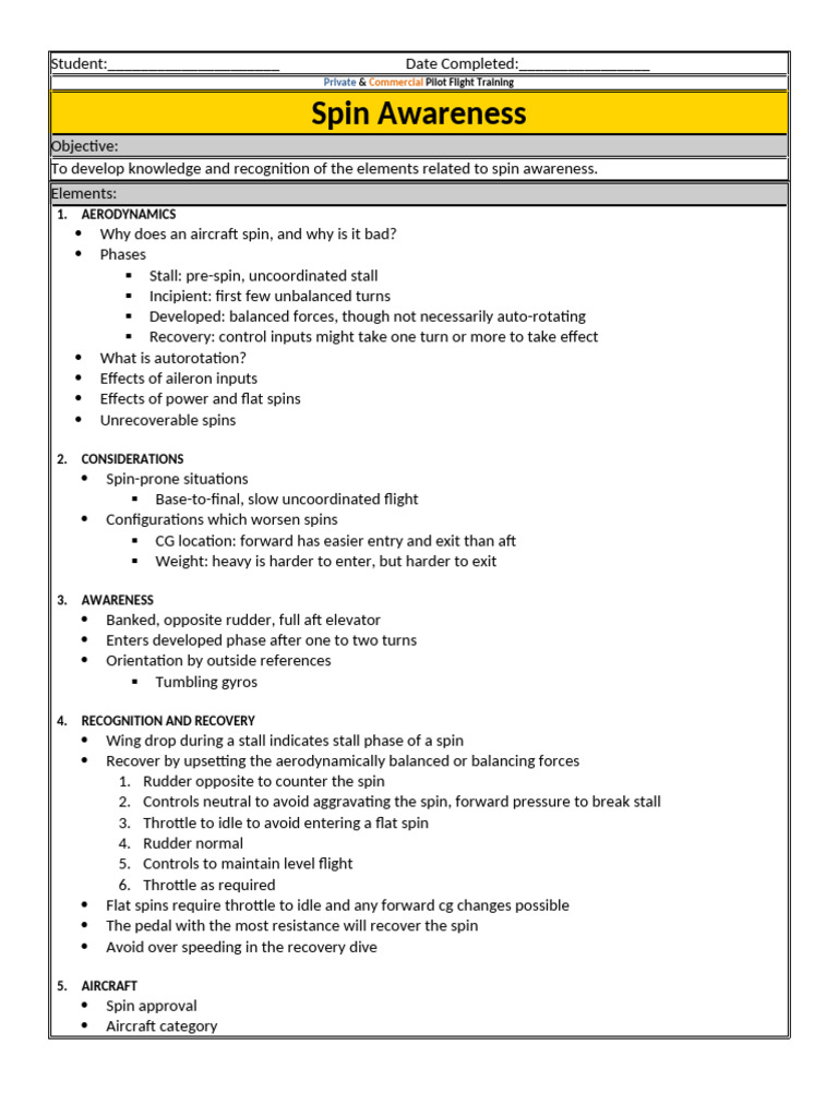 Spin Training Lesson Plan Overview | PDF | Aileron | Flight