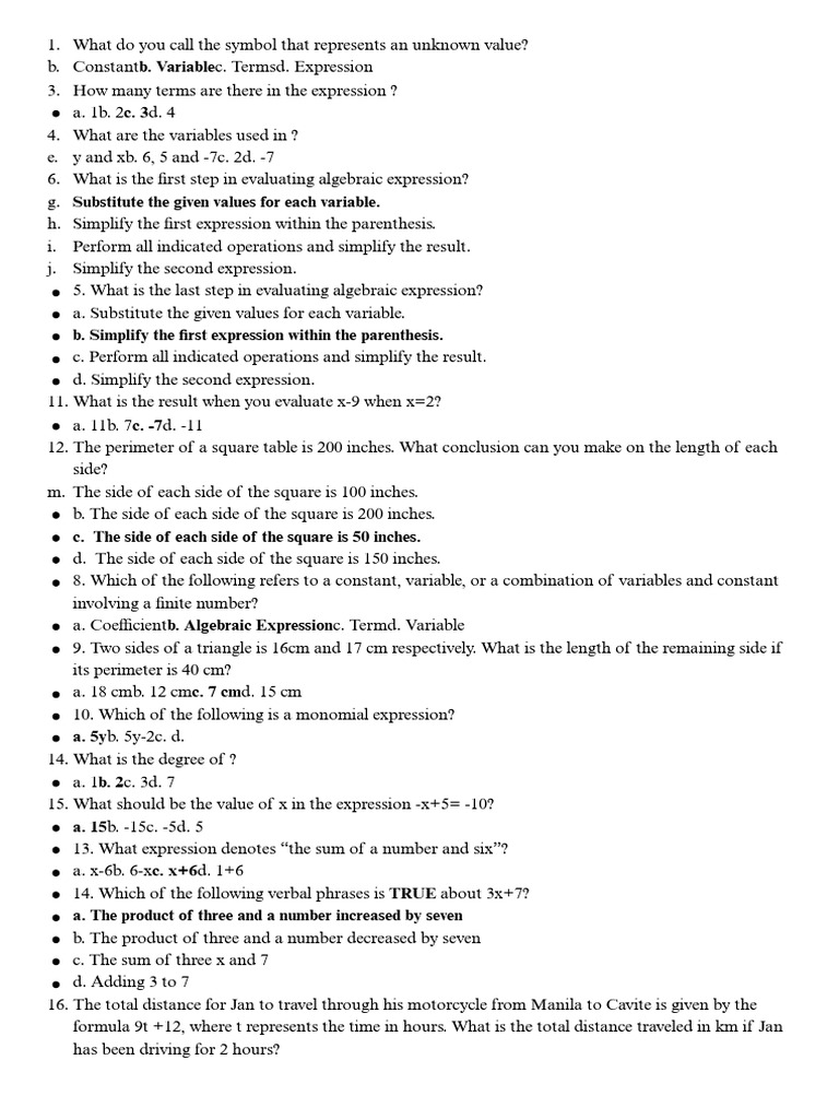 Algebraic Expressions and Evaluations Guide | PDF | Equations | Mathematics
