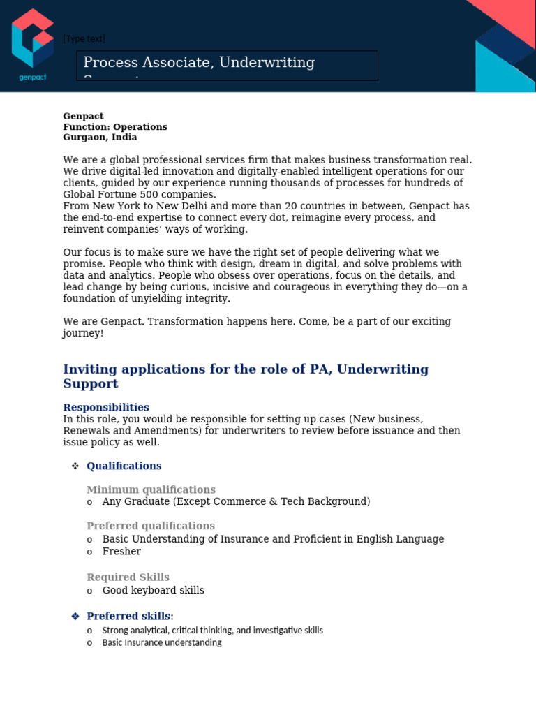 Genpact Process Associate Job Opening | PDF | Underwriting | Social ...