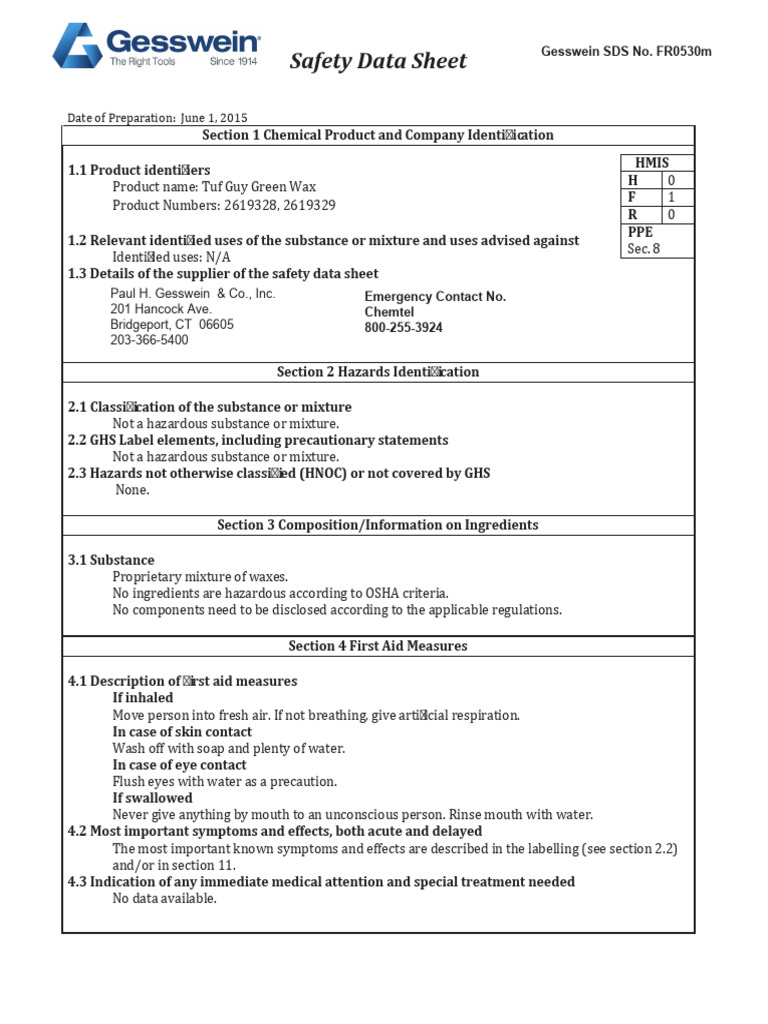 Tuf Guy Green Wax Safety Data Sheet | PDF | Resource Conservation And ...