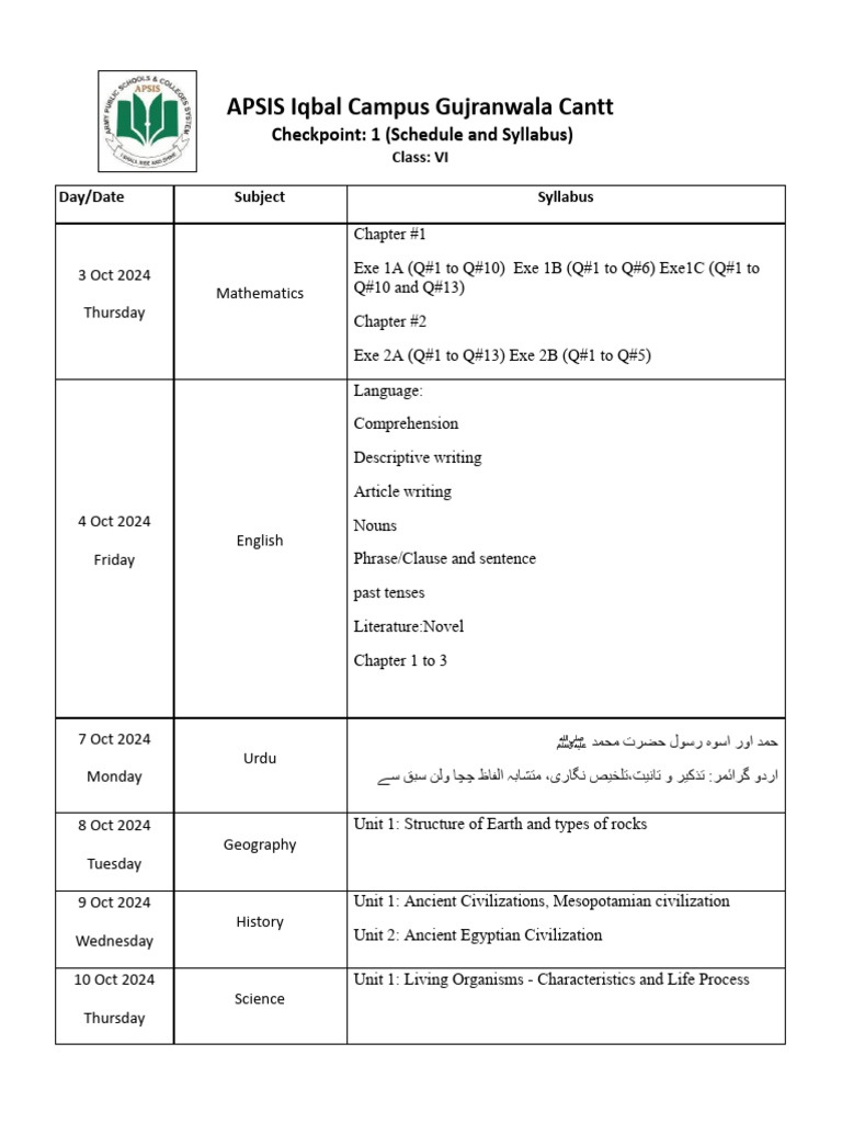Class VI Schedule & Syllabus 2024 | PDF