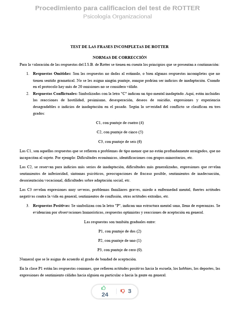 Procedimiento para Calificacion Del Test de Rotter Compress | PDF ...